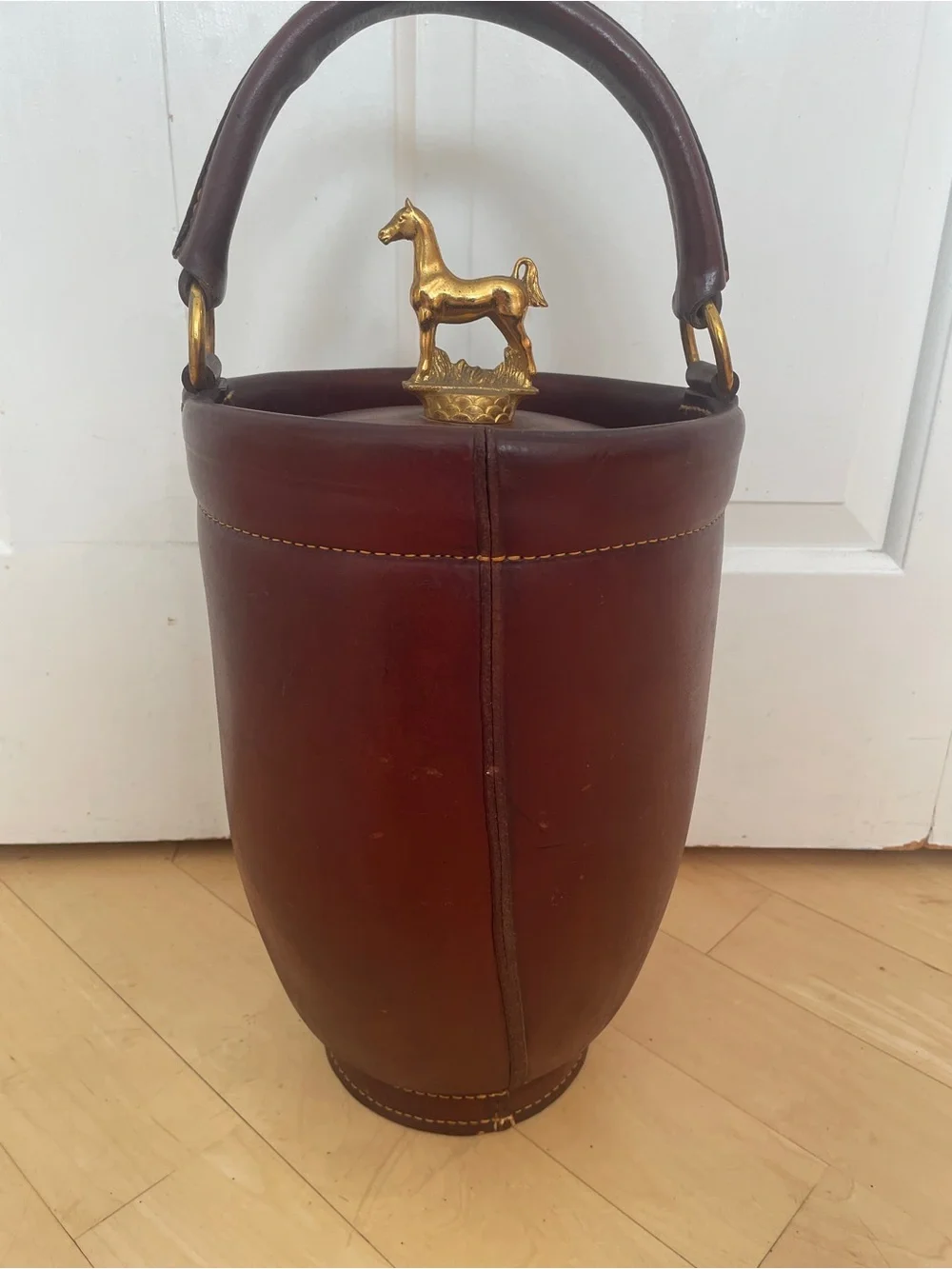 Vintage Loyal Papeete Firetruck Brown Leather Brass Eagle Handle Bar Ice Bucket